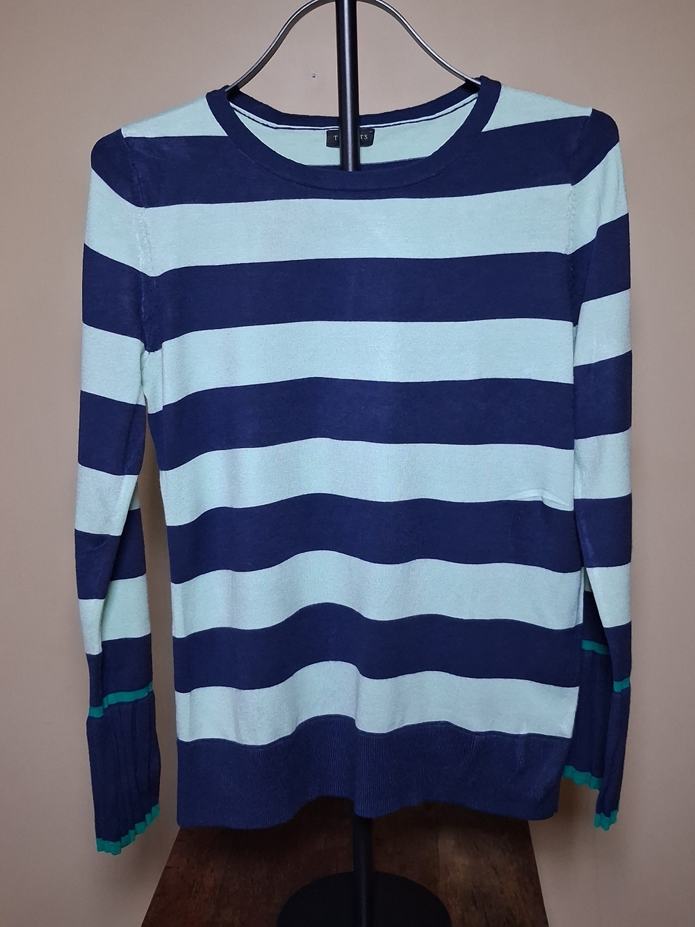 Talbots Navy/Mint Green Striped Lightweight Sweater W/Pleated Sleeves; Sz. S